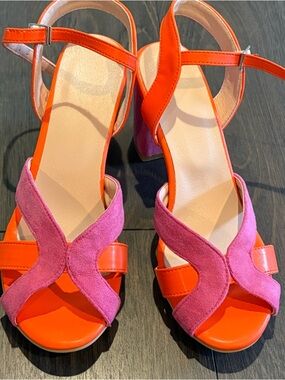 Women’s Pink and Orange Block Heel Sandals with Ankle Strap